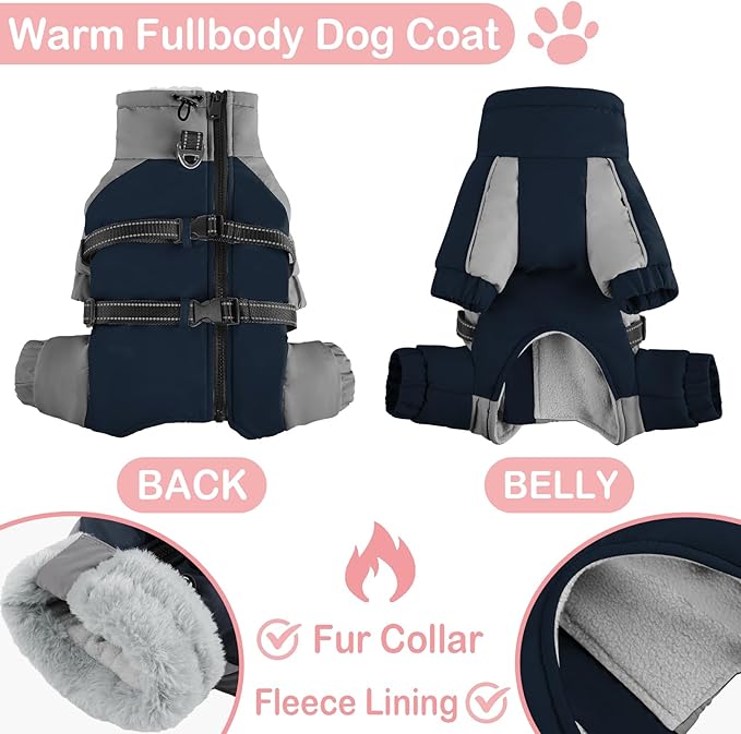 KOESON Four Legged Winter Coat, Warm Small Dog Jacket with Adjustable Buckles, Turtleneck Windproof Dog Fleece Jackets Reflective Fullbody Snowsuit Puffer Coat Blue Grey XS