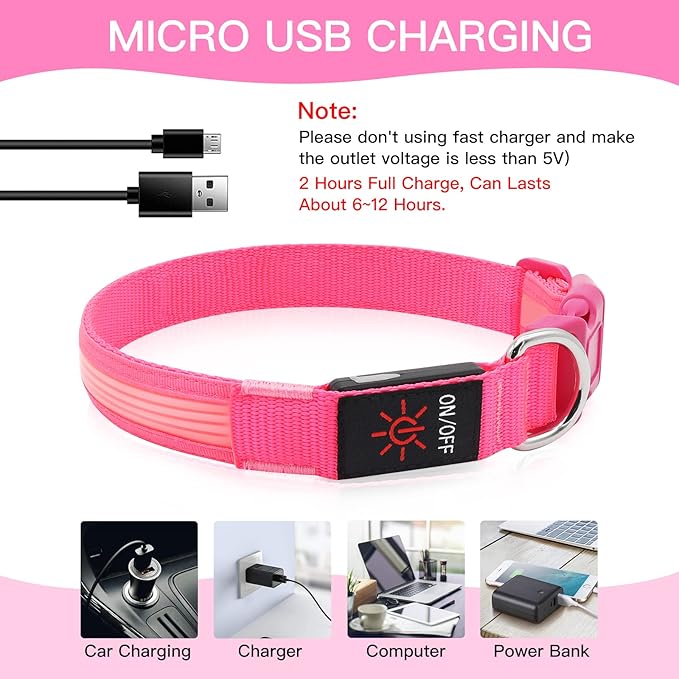 YFbrite Light up Dog Collar, USB Rechargeable LED Puppy Collar Super Bright Adjustable Glowing Dog Lights for Night Walking (Design 2- Pink, Large)