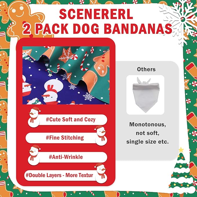 SCENEREAL Christmas Dog Bandanas 2 Pack, Puppy Snowman Xmas Triangle Bibs Handkerchief, Reversible Holiday Dog Bandana for Boy and Girl, Premium Pet Scarf for Small Medium Large Dogs L