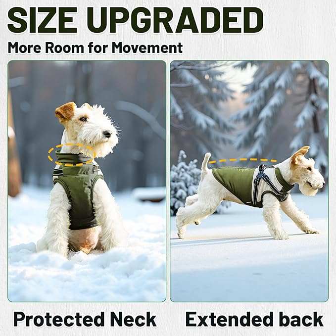 Dog Winter Coat for Small & Medium Dogs (Up to 31lb), Waterproof Dog Coat with Harness, Puppies Windproof Puppy Puffer Jacket, Snowsuit for Dachshund,Frenchie, Corgi (Classic Green, 2XLarge)