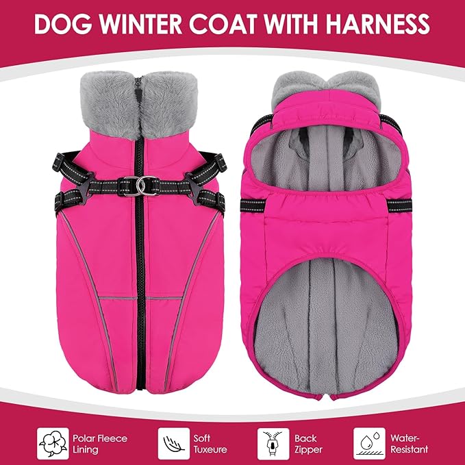 AOFITEE Dog Jacket with Harness Built in, Waterproof Dog Coat for Small Dogs, Warm Fleece Pet Puffer Vest with Zipper on Back & Furry Collar, Reflective Dogs Snow Jacket Small Pet Snowsuit, Pink S