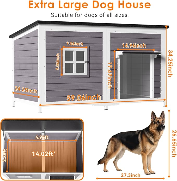 Outdoor Dog House with Insulated Liner, 59" Extra Large Breed Dog Kennel, Keep Warm in Winter Outside, Heated Anti-Chewing Metal Frame Design for Small Medium Large Dogs(Grey)