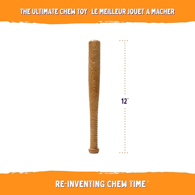 POWERBONE Baseball Bat Dog Toy | Durable Nylon Chew Toy for Aggressive Chewers | Long-Lasting Teething Relief | Keeps Dogs Engaged & Entertained 12"