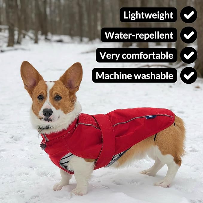 DJANGO Dog Jacket & Raincoat – Lightweight Water-Resistant Coat for Small, Medium & Long Dogs Like Dachshunds – Reflective, Adjustable Fit, Harness-Compatible & Easy-Access Harness Hole - Green, Small