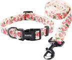 Ihoming Dog Collar and Leash Set for Daily Outdoor Walking Running Training, Pink Flowers Design for Large Boys Girls Dogs Cats Pets, L-Up to 80LBS