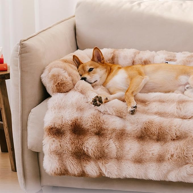 FUNNY FUZZY Pet Fluffy Plush Calming Dog Couch Bed Sofa Protector Washable Pets Mat for Large Medium Small Dogs and Cats (Tie-dye Brown,47.24 × 37.4 × 6.3 in)
