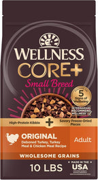 Wellness CORE+ Dry Dog Food with Freeze Dried Pieces, Small Breed, Wholesome Grains, High Protein, Natural, Original Turkey & Chicken Recipe, (10-Pound Bag)