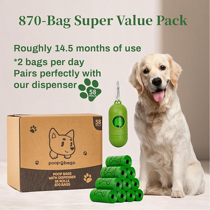 870 Counts Dog Poop Bags Rolls with Dispenser & Leash Clip, Scented Poop Bags for Dogs Waste, Extra Thick & Leak Proof for Poop Doggie Puppy Pet Waste, 9" x 13", Green