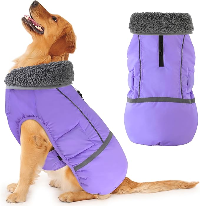 Dogcheer Warm Dog Coat, Waterproof Dog Jacket Christmas Puppy Winter Coat with Buckle, Reflective Adjustable Pet Snow Jacket Fleece Sweater for Small Medium Large Dogs - Taro Purple L