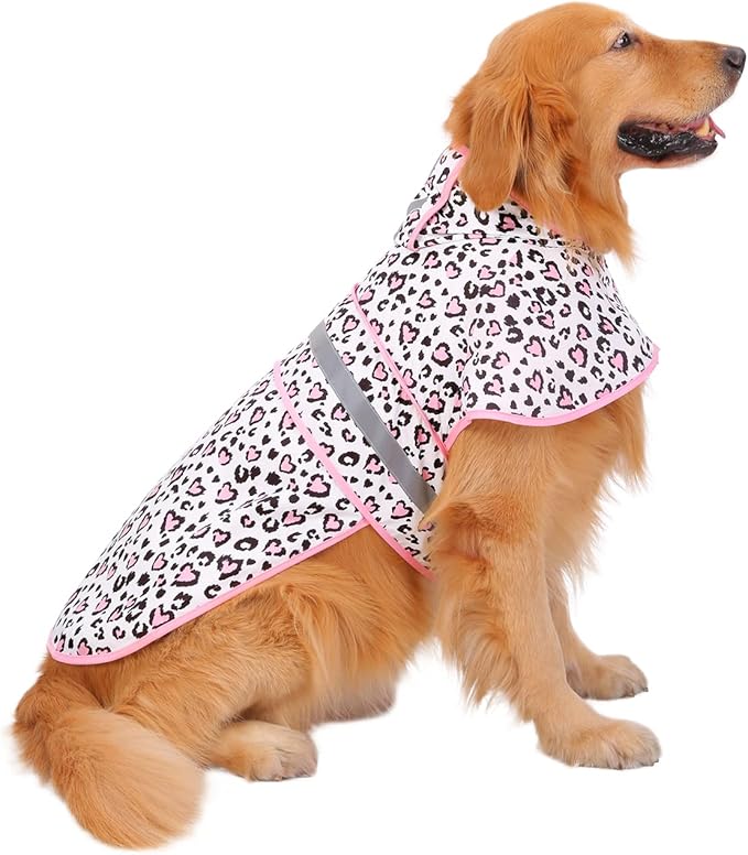 HDE Dog Raincoat Jacket Reflective Adjustable Hooded Pet Poncho Rain Coat with Leash Hole for Small to X-Large Dogs Leopard Hearts - XL