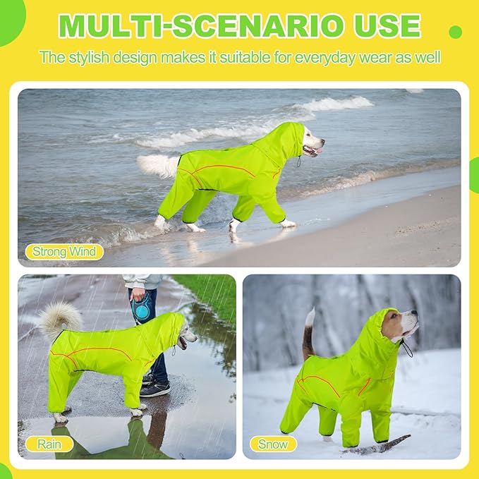 Dog Raincoat, Waterproof Dog Rain Jacket with Removable Hood，Adjustable 4 Legs Pet Poncho with Leash Hole，Reflective Stripe Hooded Snowproof Windproof Clothes for Small to 3X-Large Dogs, L