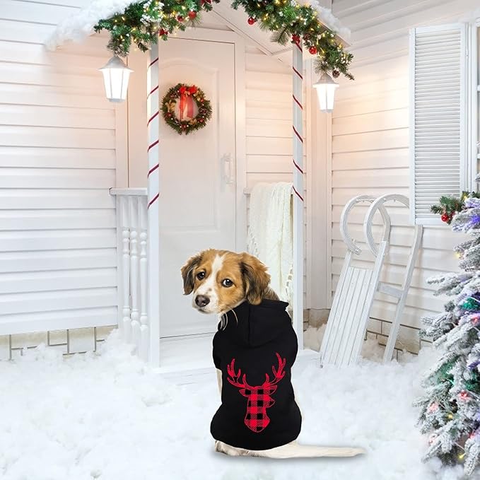 Dog Hoodie Sweater for Dogs Pet Clothes Buffalo Plaid Dog Hooded Sweatshirt Warm and Soft Breathable Cozy(Reindeer&S)