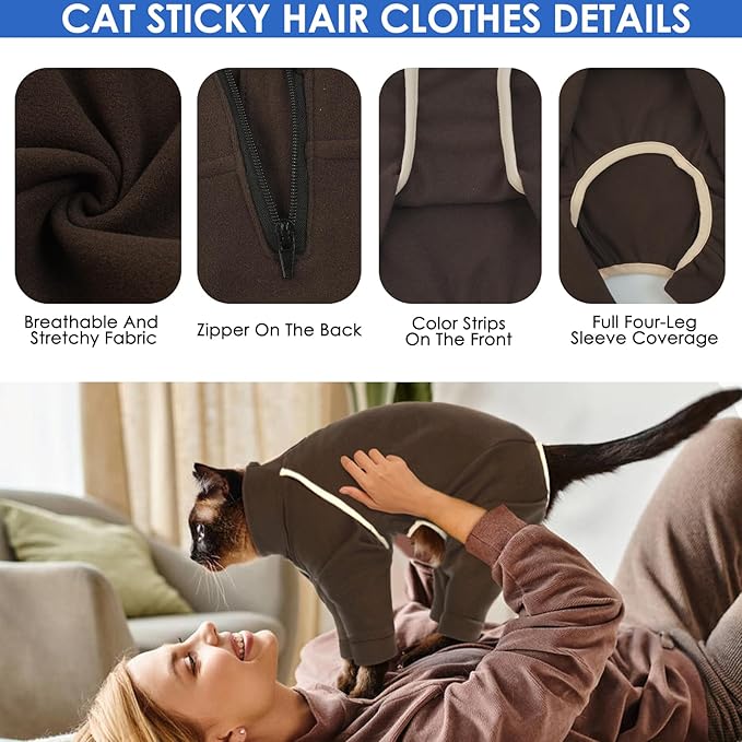 Cat Onesie with Legs - Coffee, XS - Cat Hair Sticky Onesie, Sphynx Cat Clothes, Cat Pajamas for Cats, Recovery Suit for Female Cats, Prevents Hair Loss Kitten Pajamas Costumes Outfits