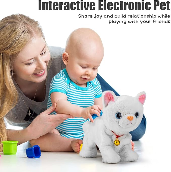 Smalody Interactive Electronic Plush Toy - Upgrade Robot Talking Cat Toys with LED Light Eyes, Animals Sound Control Electronic Pet for Kids, Kitten Toys for Boys & Girls Kids(White)