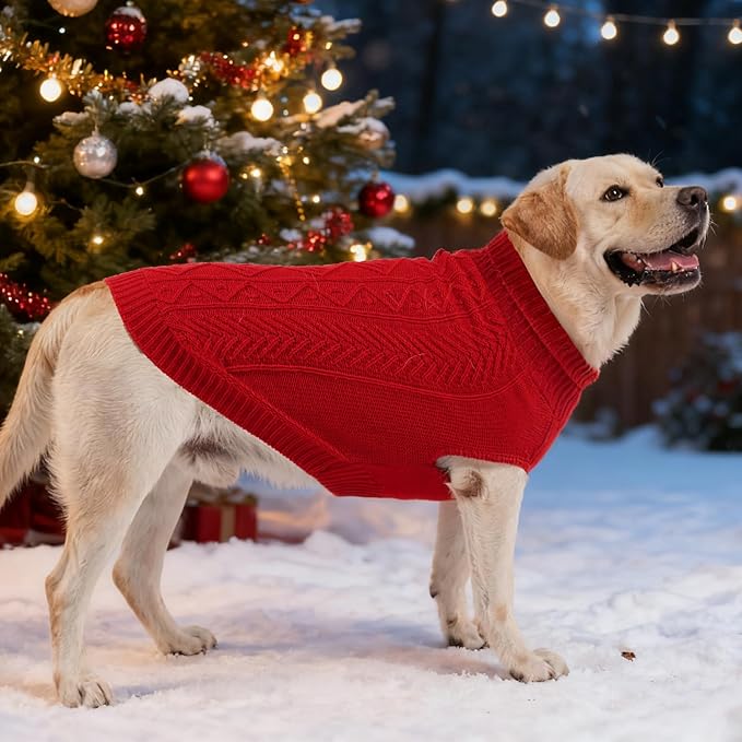 PUPTECK Dog Sweater, Turtleneck Warm Knitted Pullover Coat, Thick Cable Knitwear Clothes in Winter, Pet Apparel Outfits for Small Medium Dogs, for Cold Weather Indoor & Outdoor, Red SM