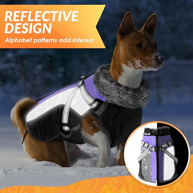 SlowTon Dog Jacket with Harness Built in - Waterproof Fleece Winter Warm Dog Coats for Small Medium Dogs, Reflective Adjustable Furry Puppy Vest Clothes for Outdoor Walking (PU, XS)