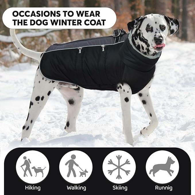 IDOMIK Warm Dog Coat with Harness, Waterproof Reflective Dog Jackets for Small Medium Large Dogs, Fleece High Collar Winter Jacket with Zipper, Pet Winter Snowsuit Clothes for Cold Weather,Black S