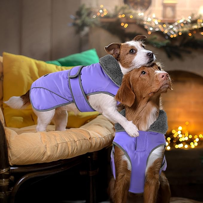 Dogcheer Dog Coat, Waterproof Dog Jacket Reflective Pet Winter Coat with Adjustable Hook & Loop, Christmas Puppy Fleece Jacket Warm Turtleneck Snowsuit for Small Medium Large Dogs - Taro Purple, S