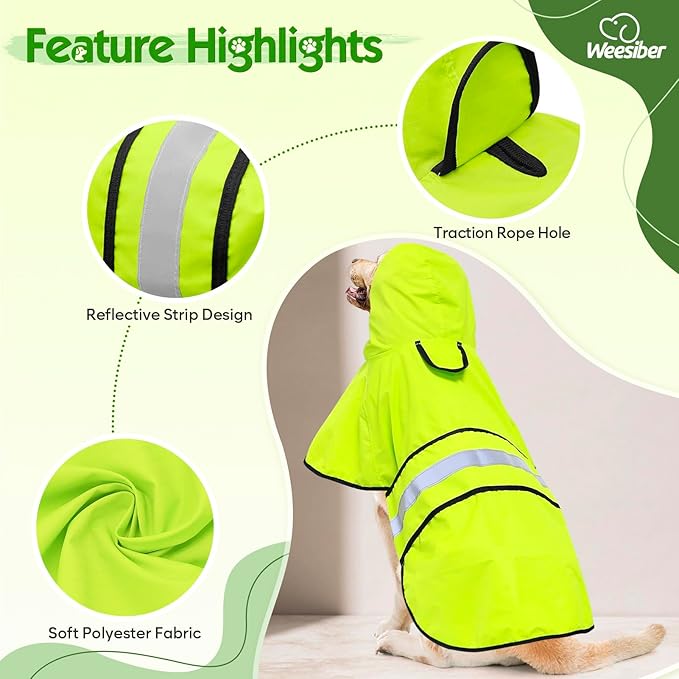 Weesiber Dog Raincoat, Waterproof Dog Rain Jacket with Leash Hole, Reflective Puppy Rainwear Hooded Pet Poncho Slicker for Walking (S, Green)
