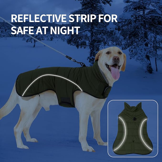 HEYWEAN Dog Winter Coat - Waterproof Windproof Reflective Vest for Medium & Large Breeds Adjustable Warm FleeceLined Jacket with Magic Tape & D-Ring for Leash Cold Weather Apparel (Green, Small)