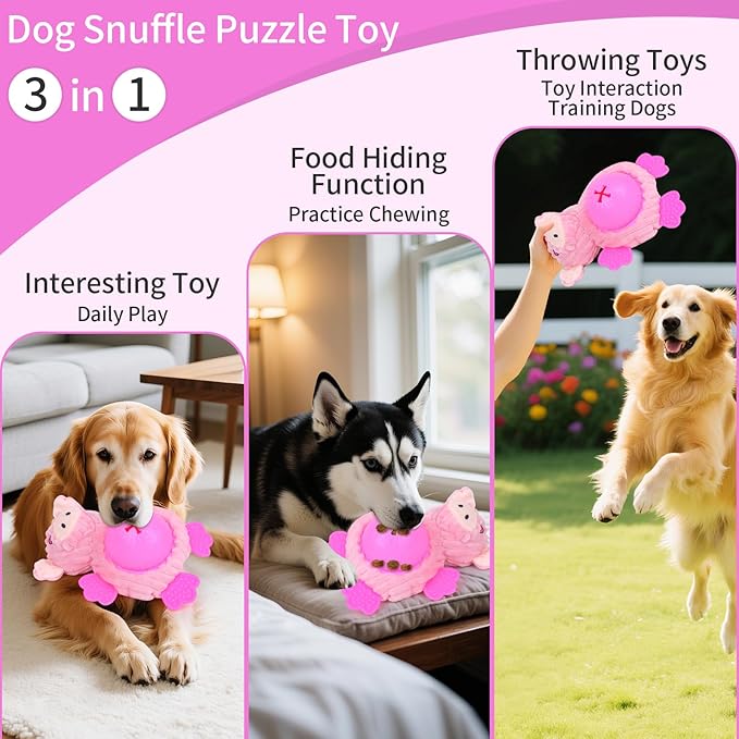 Interactive Dog Toys, Plush Dog Toy with Treat Dispensing Ball, Squeaky Dog Toy with Cute Plastic Paws for Playing,Slow Eat Hiding Food Enrichment Toy for Small & Medium Breeds(Pink)