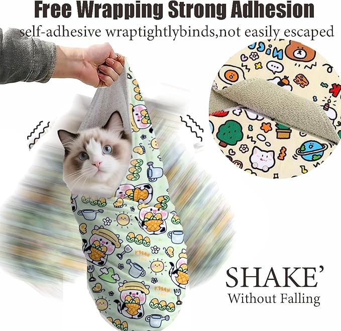 Cat Wrap for Cutting Nails, 27.6''x 27.6'' Self-Adherent Cat Grooming Wrap with Nail Clipper, Anti-Escape Calming Cat Swaddle Wrap for Medicine, Nail Clipping, Teeth Brushing, Ear Cleaning