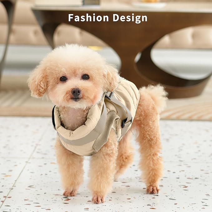 Dog Jacket with Harness,Fleece Lined Warm Puppy Coat for Winter,Soft Windproof Small Dog Vest,Khaki M