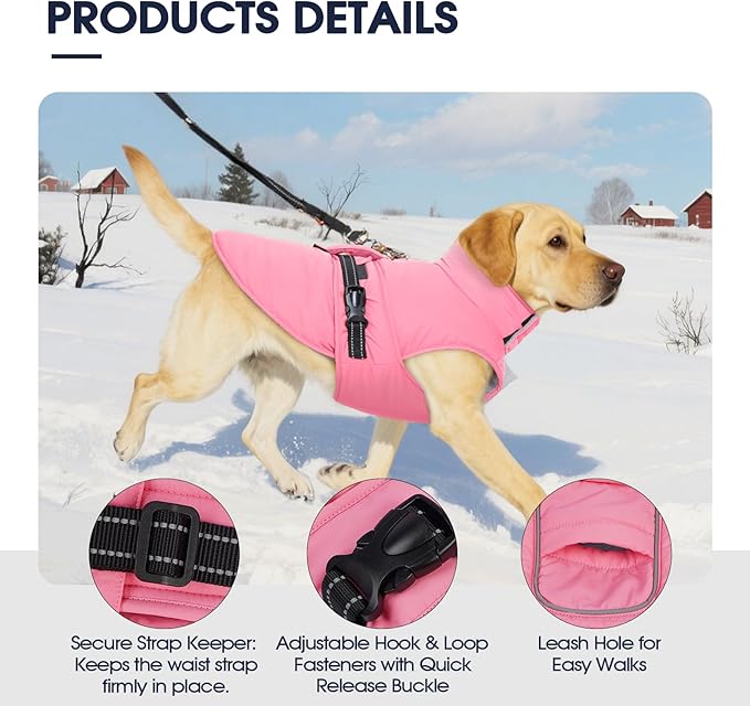 IECOii Dog Jackets for Large Dogs - Reflective & Adjustable & Windproof Vest with Warm Fleece Lining for German & Shepherd & Labrador, Waterproof Snow Coats for Walking & Hiking, Pink, Size 2XL