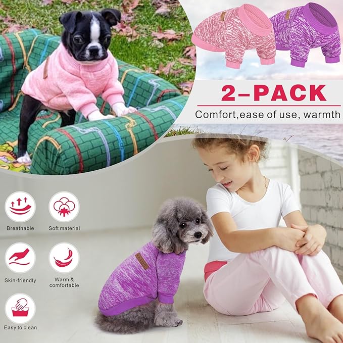 2 Pieces Pet Dog Classic Knitwear Sweater, Fleece Coat for Small,Medium Dogs,Warm Pet Dog Cat Clothes,Soft Puppy Customes for Chihuahua Yorkshire Tzu (Pink Purple,S)