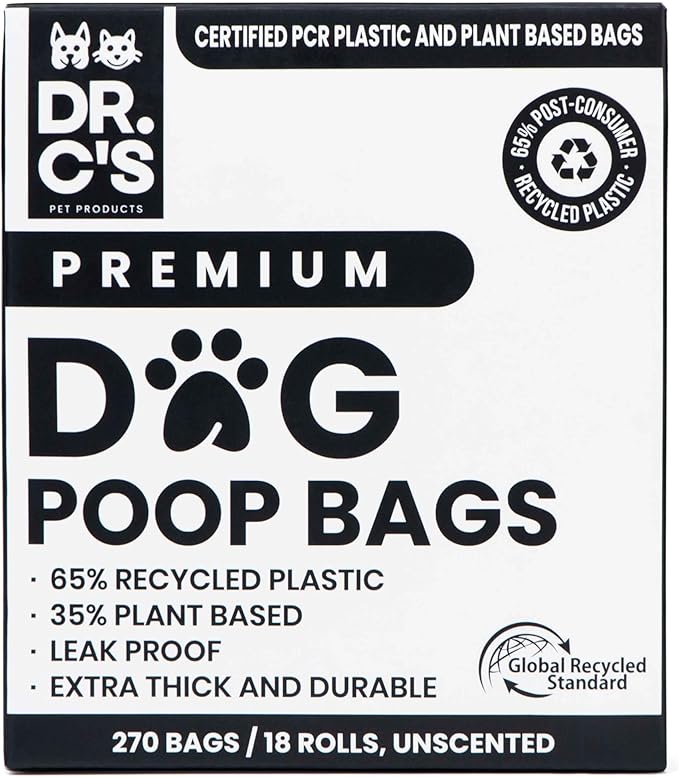 Certified 65% PCR (Post Consumer Recycled) Plastic and 35% Plant Based Dog Poop Bags - Dr. C's ONE OF A KIND Dog Poop Bags - 120 Bags / 8 Rolls, NO NEW PLASTICS USED, Unscented, Earth Friendly