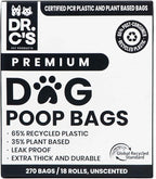 Certified 65% PCR (Post Consumer Recycled) Plastic and 35% Plant Based Dog Poop Bags - Dr. C's ONE OF A KIND Dog Poop Bags - 120 Bags / 8 Rolls, NO NEW PLASTICS USED, Unscented, Earth Friendly
