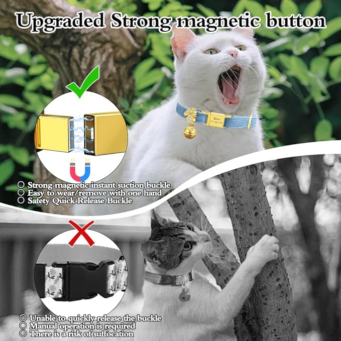 Personalized Breakaway Cat Collars - Magnetic Buckle, Bell - Safety Quick Release, Customized for Girls & Boys Cats- (Velvet-Sky Blue)