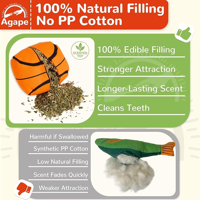 Agape Natural Cat Toys, 100% Catnip & Silvervine Filled, Interactive Chew and Kicker Balls for Indoor Cats, Enrichment and Teeth Cleaning Fun for Bored Cats and Kittens, 4 Pack Crinkle Cat Toys