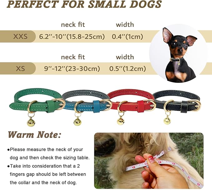 Guiding Star Leather Collar for Puppy, Cute Soft Thin Dogs Collars for Small Medium Dogs, Cat Collar with Bell (Red, XS, 9"-12")