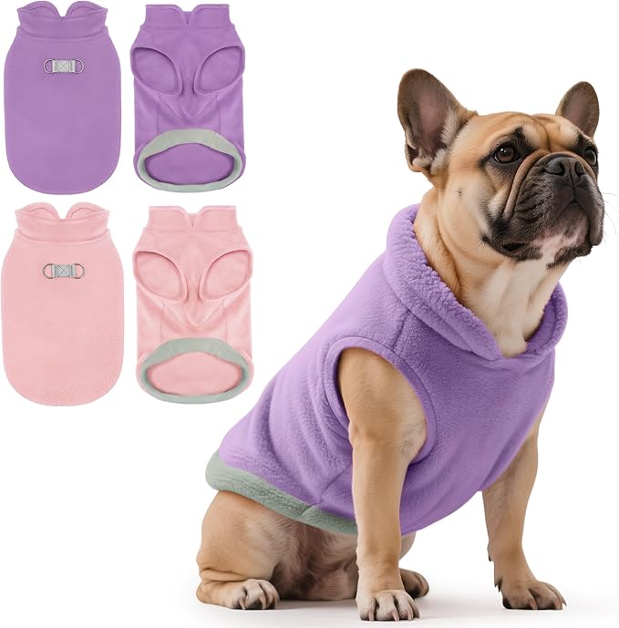 Idepet 2 Pack Dog Fleece Vest Sweater Warm Pullover Jacket with D-Ring Leash Reflective Winter Coat Hoodie for French Bulldog Pug Chihuahuas Yorkies Dachshunds(Purple&Pink,Large-French Bulldog)