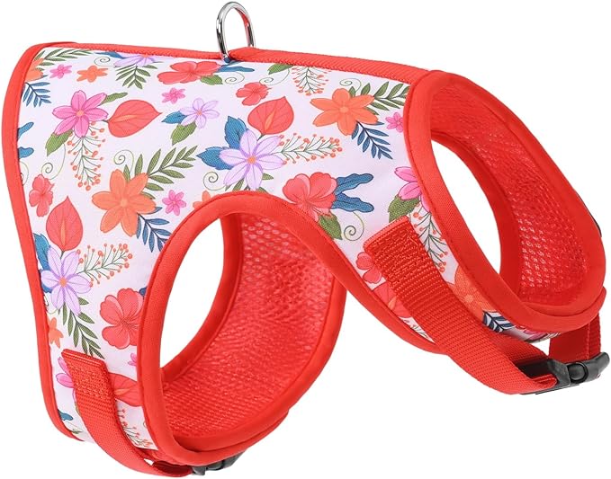 Mile High Life Dog Harness, Air Mesh Floral Vest Harness for 20 lbs Small Dogs & Cats, Easy Get on Adjustable Easy Closures Both Neck and Chest(Red Flower, M Chest 18"-20")