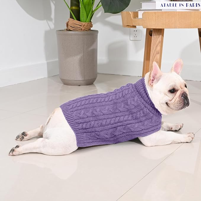 2 Pack Dog Sweaters for Medium Dogs Turtleneck Pullover Cable Knit Stretch Clothes French Bulldog Dachshund Boston Terrier Corgi Beagle Pug Boy Girl Pets Winter Clothes (M, Pink & Purple)