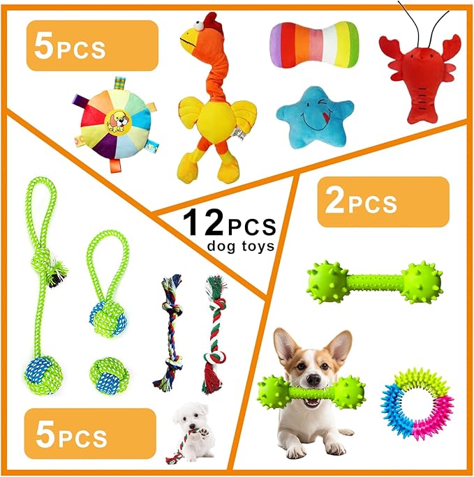 12 Piece Dog Toy Set, Rope Toys, Ball, Plush Toys, Bones and More Squeaky Dog Toys, Indoor/Outdoor Puppy Toys, Training