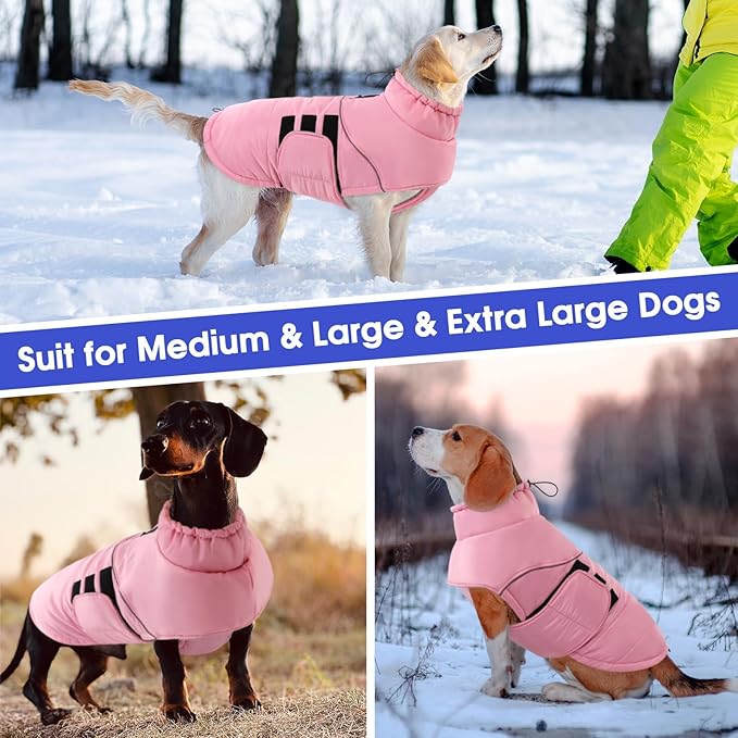 ASENKU Extra Warm Dog Coat - Fleece Reflective Puffer Jacket with Zippered Leash Hole for Large Dogs (Pink, XL)