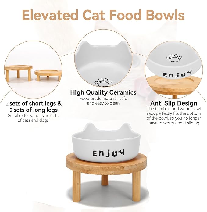 3PCS Elevated Cat Bowls,Wide Raised Ceramic Pet Dishes with Bamboo Stand, Whisker Friendly Pet Water or Food Plates Feeding Station for Indoor Small Dogs, Kitten (White(1PCS))