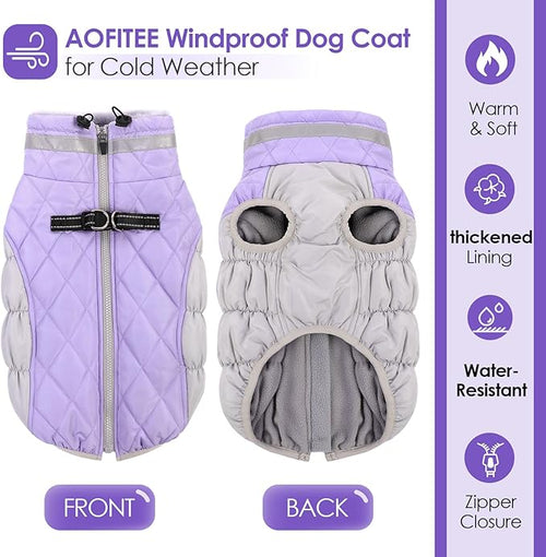 AOFITEE Dog Coat, Warm Dog Winter Coat, Reflective Cold Weather Dogs Puffer Jacket with Harness Built in, Waterproof Pet Fleece Vest Snowsuit for Small Medium Large Dogs, Lilac L