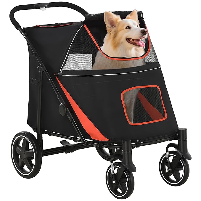 PawHut Dog Stroller for Large Medium Small Dogs up to 66 Lbs. 23.5" in Body Length, One-Click Foldable Pet Cat Stroller with Storage, Shock Absorption Wheels, Mesh Window, Safety Leash, Black