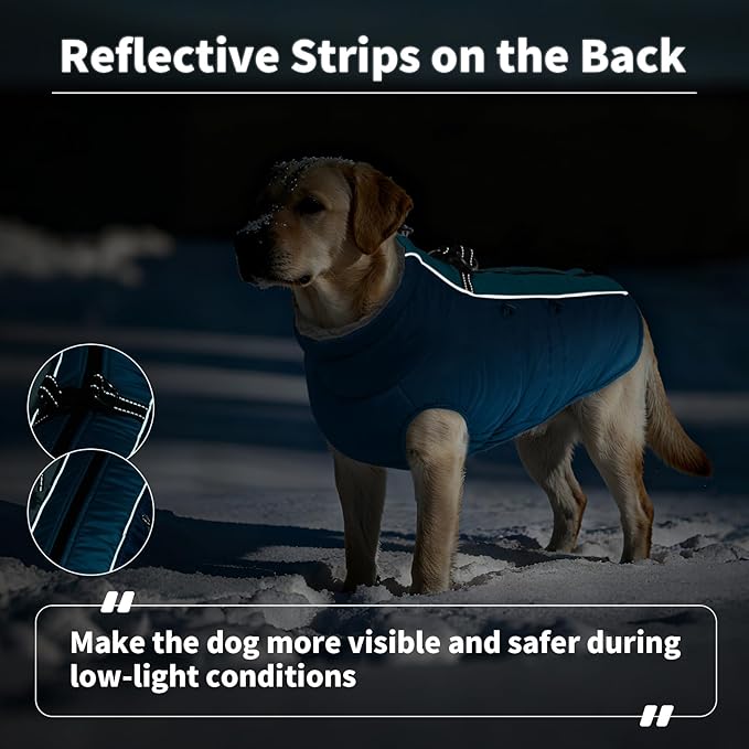 IDOMIK Warm Dog Coat with Harness, Waterproof Reflective Dog Jackets for Small Medium Large Dogs, Fleece High Collar Winter Jacket with Zipper, Pet Winter Snowsuit Clothes for Cold Weather,Blue L