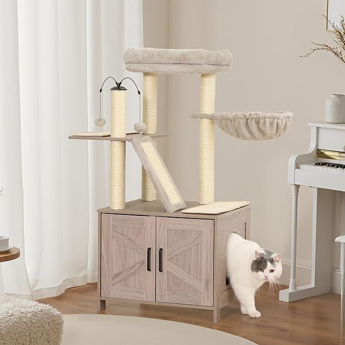 Amazon Basics Furniture Style Cat Tree with Litter Box Enclosure, Cat Tree with Scratching Posts, Sisal Pad, Cozy Perch and Hammock