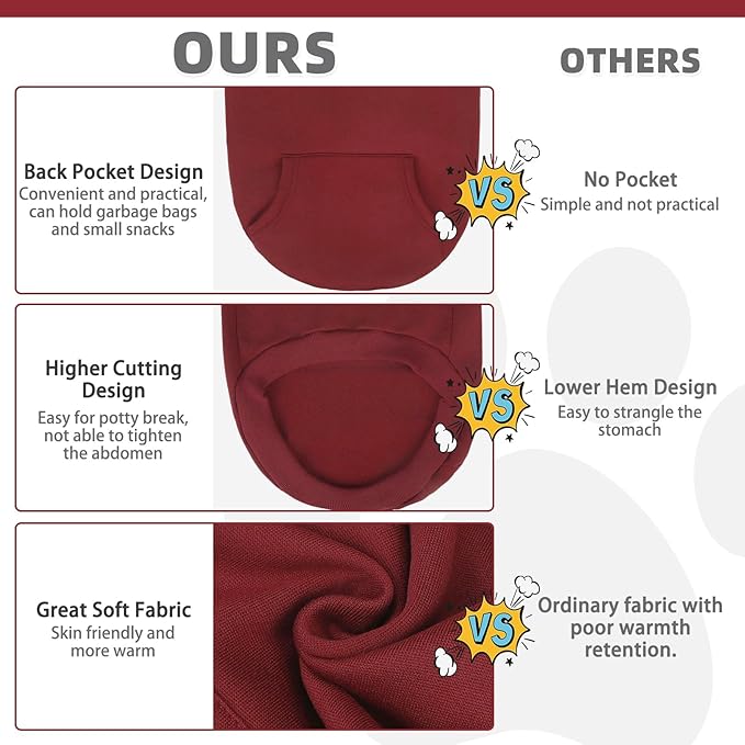 KOOLTAIL Basic Dog Hoodie - Soft and Warm Dog Hoodie Sweater with Leash Hole and Pocket, Dog Winter Coat, Cold Weather Clothes Sweatshirt for Small Medium Large Dogs Puppy Cat Boys Girls Deep Red XXL