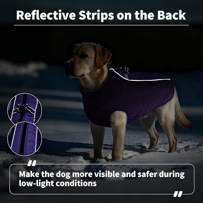 IDOMIK Warm Dog Coat with Harness, Waterproof Reflective Dog Jackets for Small Medium Large Dogs, Fleece High Collar Winter Jacket with Zipper, Pet Winter Snowsuit Clothes for Cold Weather,Purple XL
