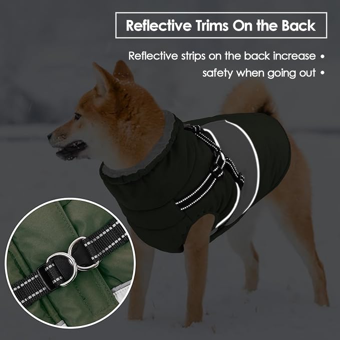SUNFURA Dog Coat, XXL Dog Jacket Winter with Harness Built in, Waterproof Pet Snow Jacket with Furry Collar for Chilly Day, Reflective Fleece Snowsuit for Extra Large Dogs, Army Green 2XL