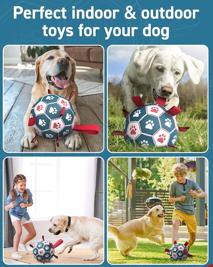 QDAN Dog Toys Soccer Ball with Straps, Durable Giant Dog Balls, Outdoor Dogs Toys, Herding Ball, Birthday Gifts (10 Inch)