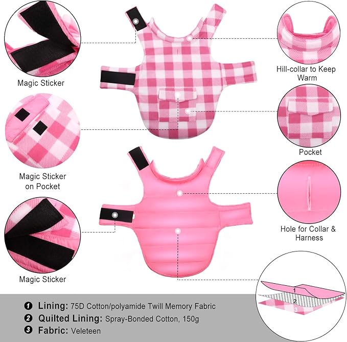 ASENKU Dog Winter Coat, Fleece Doggie Jacket Plaid Reversible Vest Waterproof Windproof Cold Weather Clothes for Small Medium Large Dogs (L, Pink)
