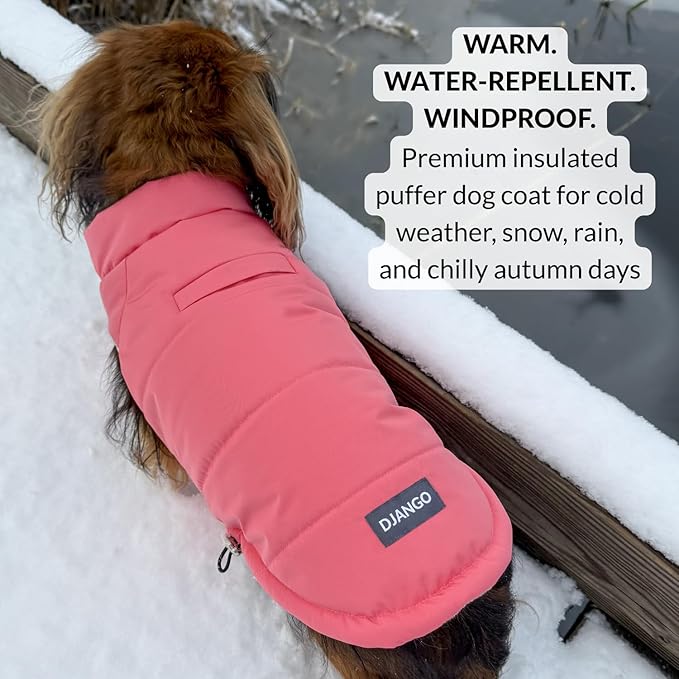 DJANGO Puffer Dog Coat – Warm Winter Dog Jacket & Water-Repellent Insulated Puffer Vest with Striped Lining, Harness Hole, Adjustable Fit for Small & Medium Dogs, Dachshunds – Rose Petal Pink, X-Small